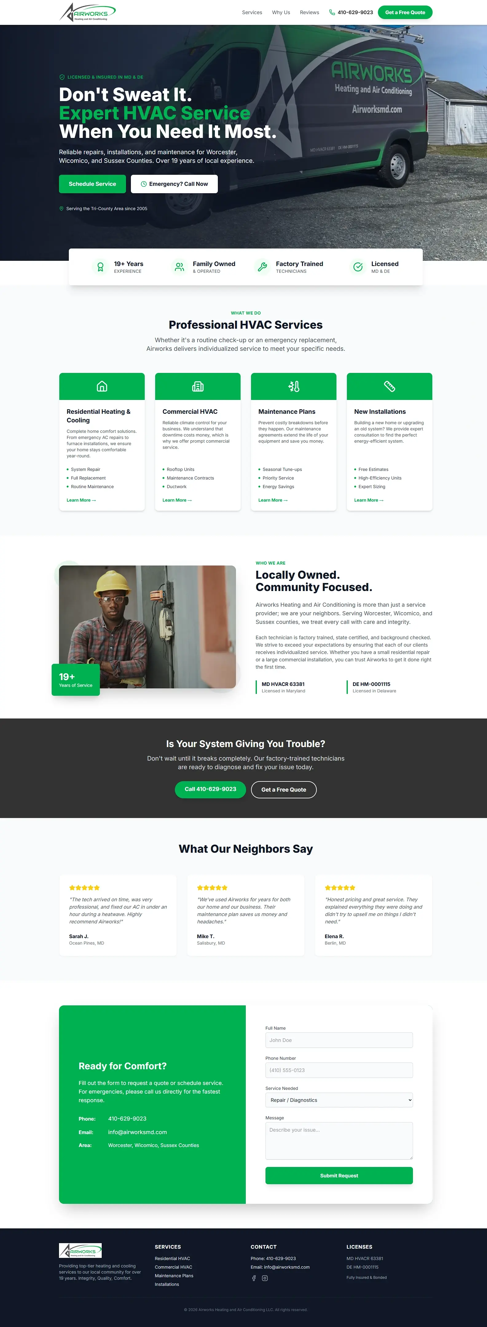 Airworks Heating and Air Conditioning - HVAC contractor redesigned website hero preview by Tide + Timber