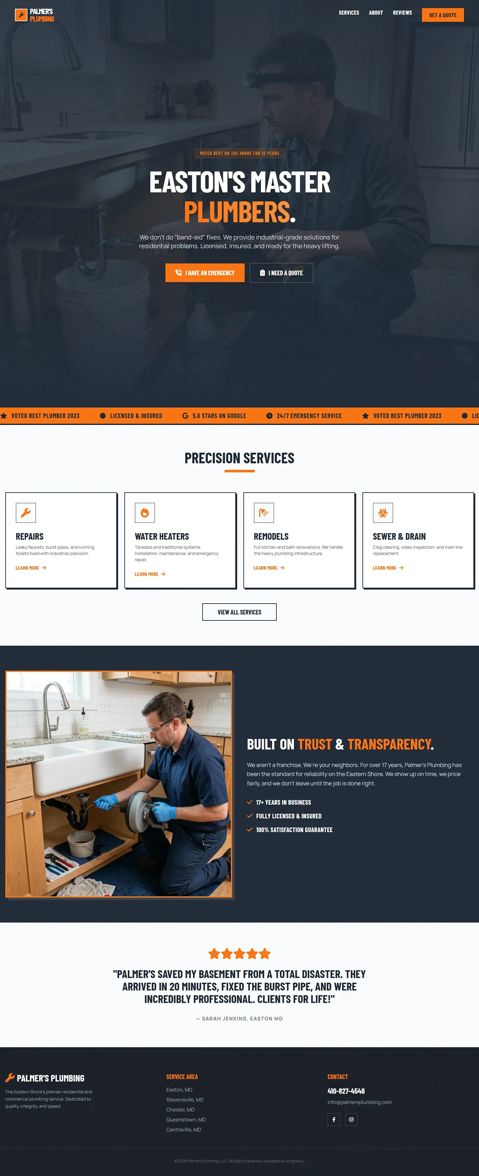 Palmer's Plumbing, LLC - Plumbing contractor redesigned website hero preview by Tide + Timber