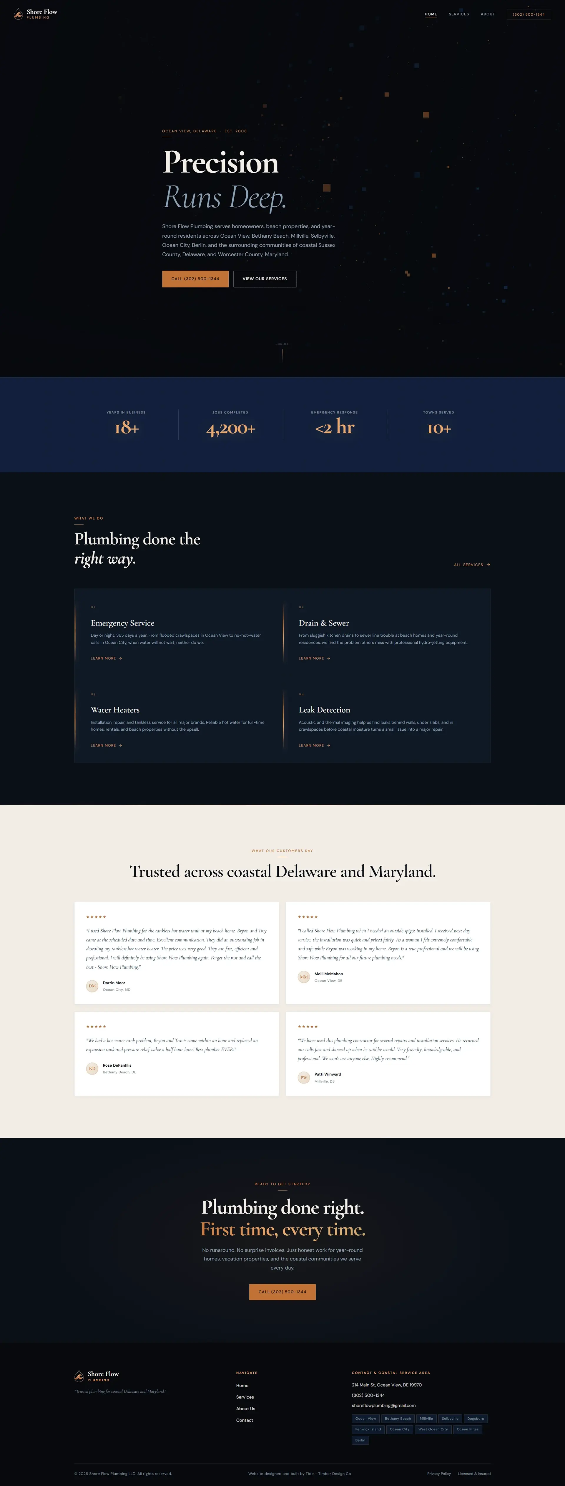 Shore Flow Plumbing - Plumbing contractor redesigned website hero preview by Tide + Timber